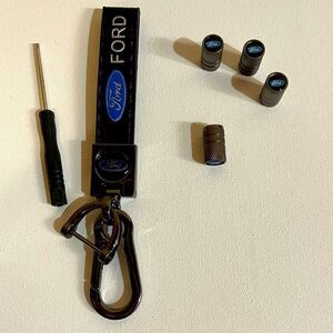 Ford fob Keychain black leather & valve Stem caps gray NWT